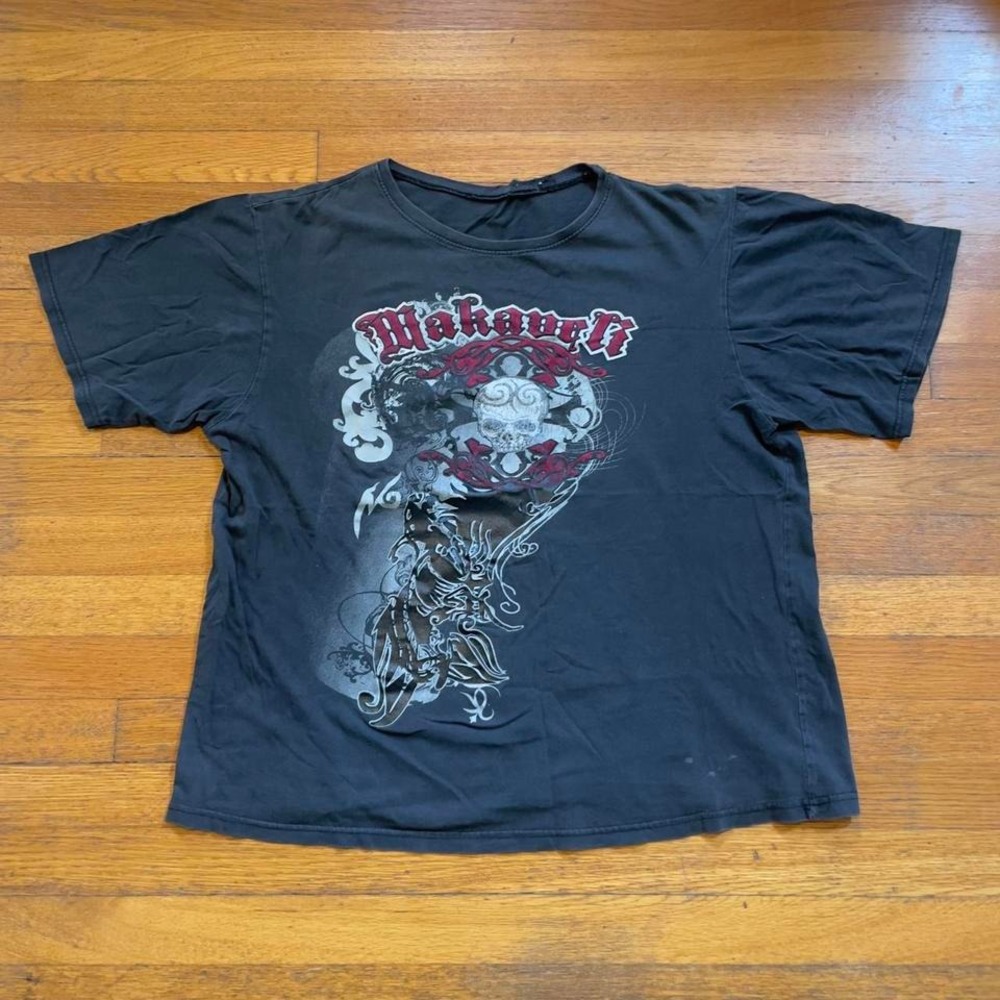 VTG 00s Makaveli Tupac tribal style skull and smoke graphic tshirt M black faded